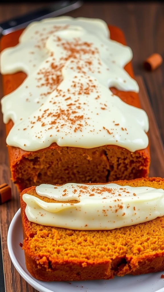 Loaf of pumpkin bread with cream cheese frosting on a rustic table, slice on a plate.